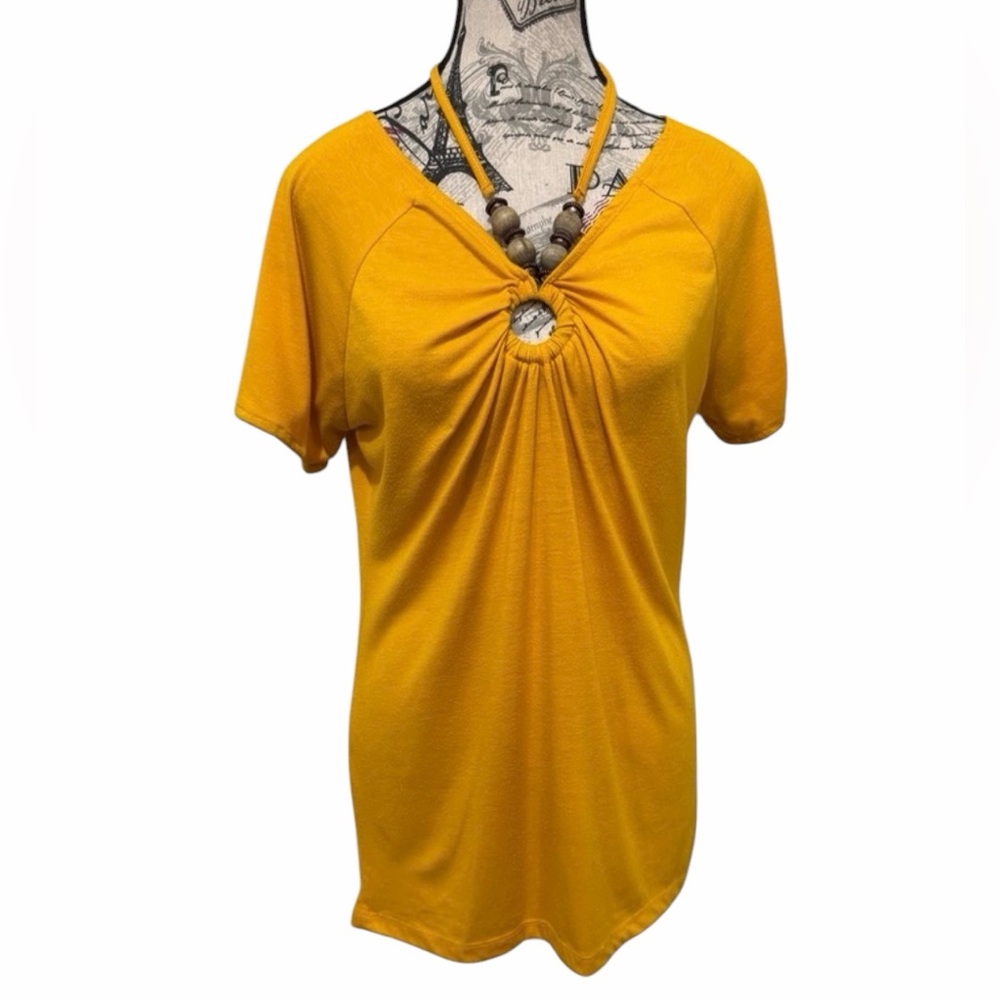 Lena Boho Chic Fashion Brass Tone Beaded Neck Tie Ruched Blouse size M